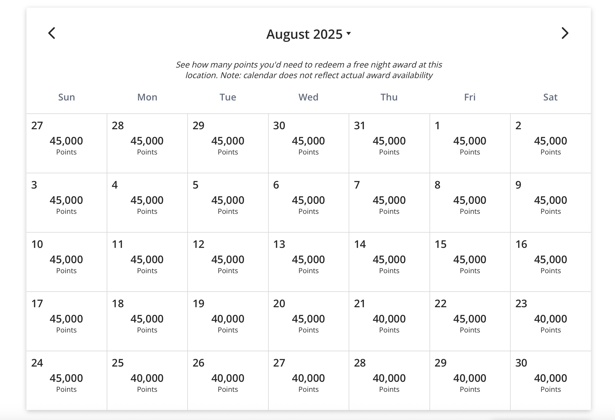 Andaz Maui, Hawaii, points calendar